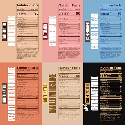 High Protein Milk - 6 Flavor Variety Pack with 60mg Caffeine & 20g Protein - 90 Calories, Ready to Drink, Sugar Free, Lactose Free Milk, Perfect for Workout Recovery & Afternoon Pick Me Up - 12 Count