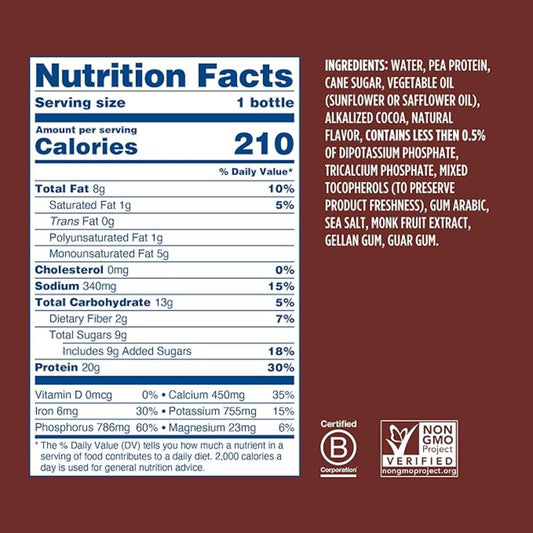 Ripple Vegan Protein Shake | Chocolate | 20g Nutritious Plant Based Pea Protein | Shelf Stable | No GMOs, Soy, Nut, Gluten, Lactose | 12 Oz, 12 Pack