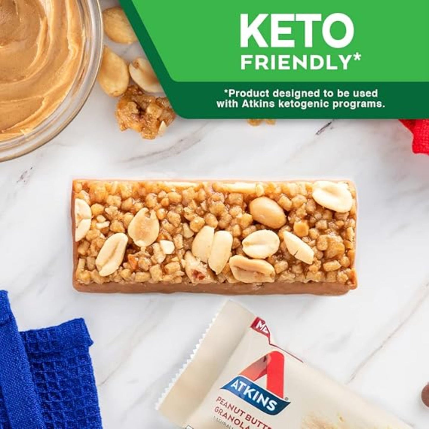 Atkins Peanut Butter Granola High Protein Bar, High Fiber , 16g Protein, 1g Sugar, 4g Net Carb, Keto Friendly, 12 Count