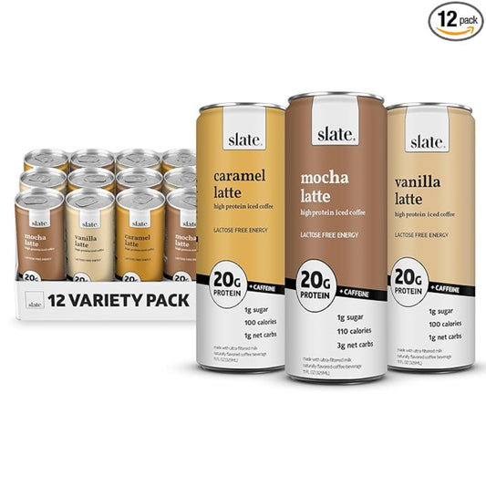 Slate Milk - High Protein Iced Coffee - Energy Variety Pack - Caramel Latte, Mocha Latte, Vanilla Latte - 175mg Caffeine, Lactose Free - 20g Protein, 1g Sugar - Protein Coffee - 11 fl oz, 12 Cans