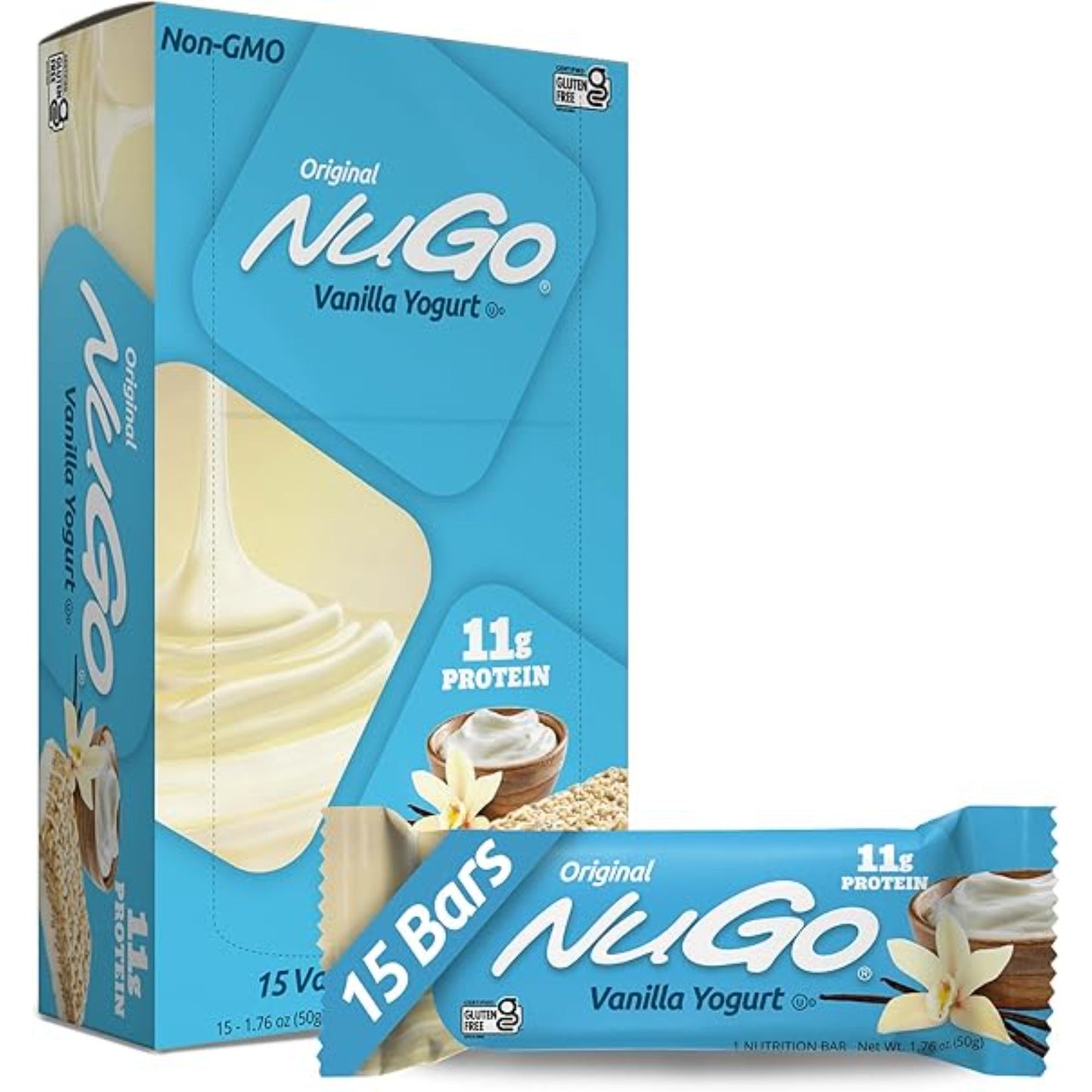 NuGo Protein Bar, Vanilla Yogurt, 11g Protein, 170 Calories, Gluten Free, 1.76 Ounce each, 15 Count (Pack of 1)