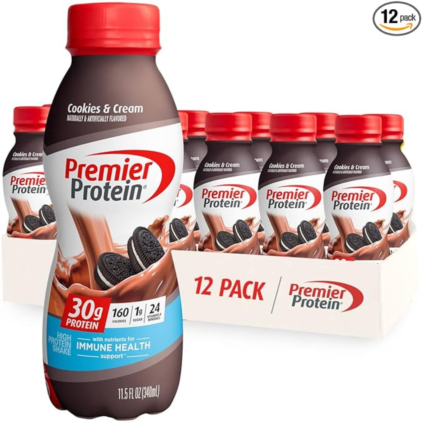 Premier Protein Shake, Cookies & Cream, 30g Protein, 1g Sugar, 24 Vitamins & Minerals, Nutrients to Support Immune Health 11.5 fl oz (12 Pack)