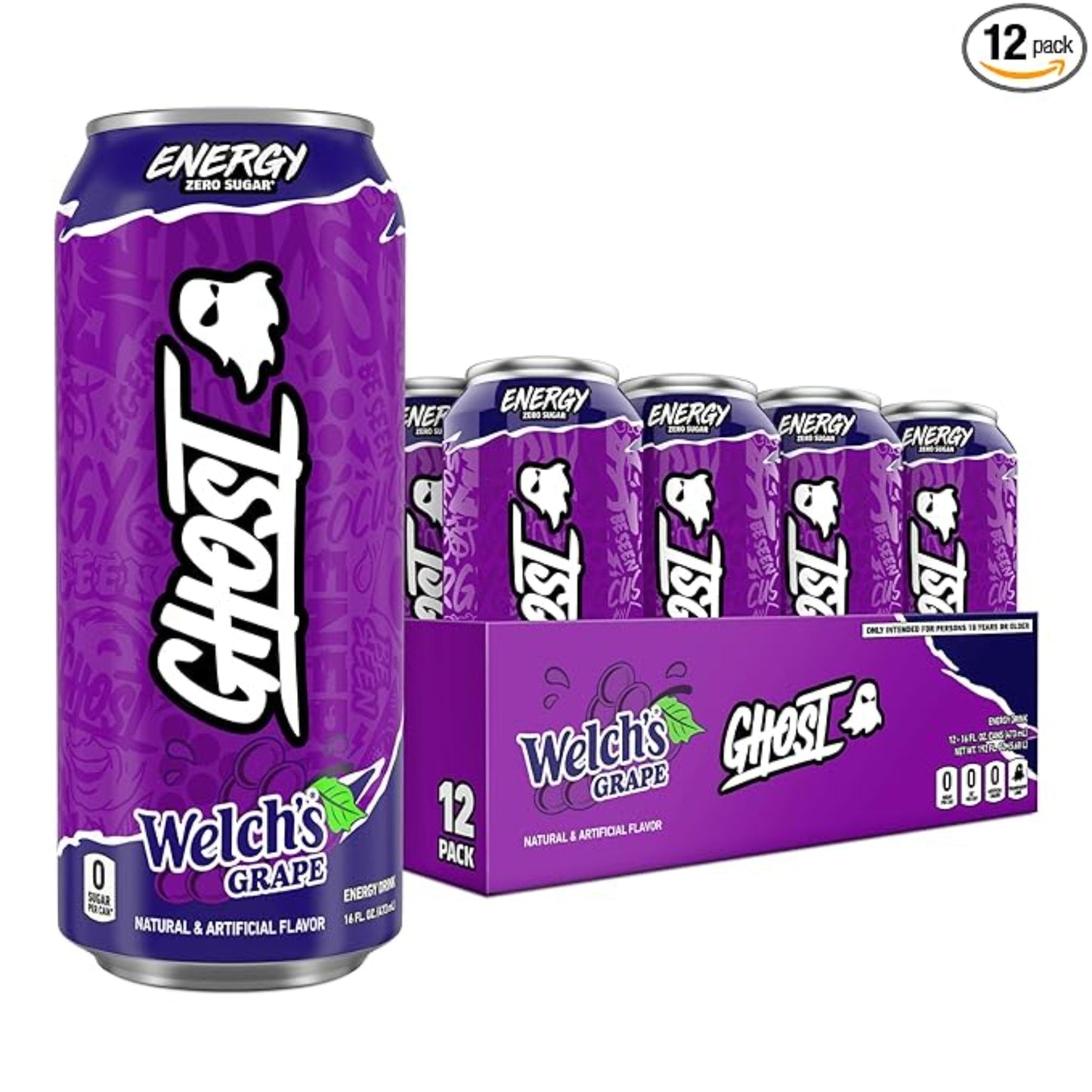 GHOST Energy Drink - 12-Pack, Welch's Grape, 16oz Cans - Energy & Focus & No Artificial Colors - 200mg of Natural Caffeine, L-Carnitine & Taurine - Gluten-Free & Vegan