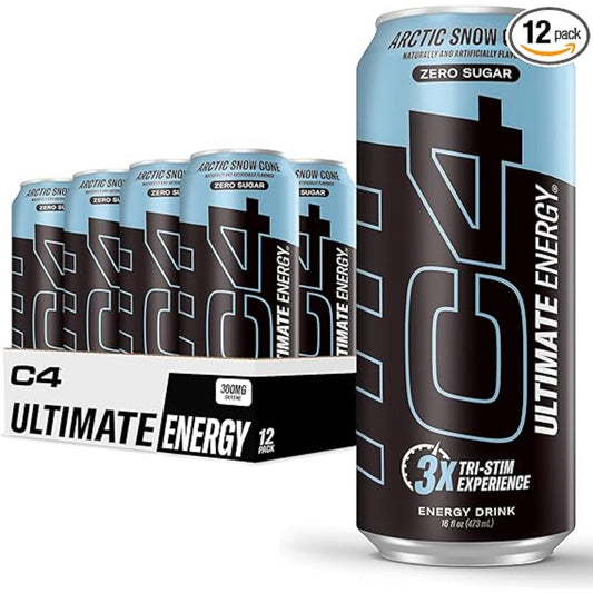 C4 Ultimate Sugar Free Energy Drink 16oz (Pack of 12) | Arctic Snow Cone | Pre Workout Performance Drink with No Artificial Colors or Dyes