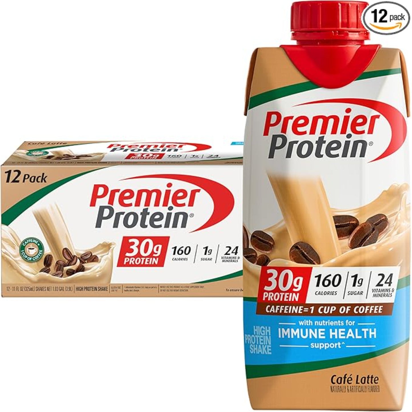 Premier Protein Protein Shake, Cafe Latte, 30g Protein, 1g Sugar, 11 fl oz Pack of 12