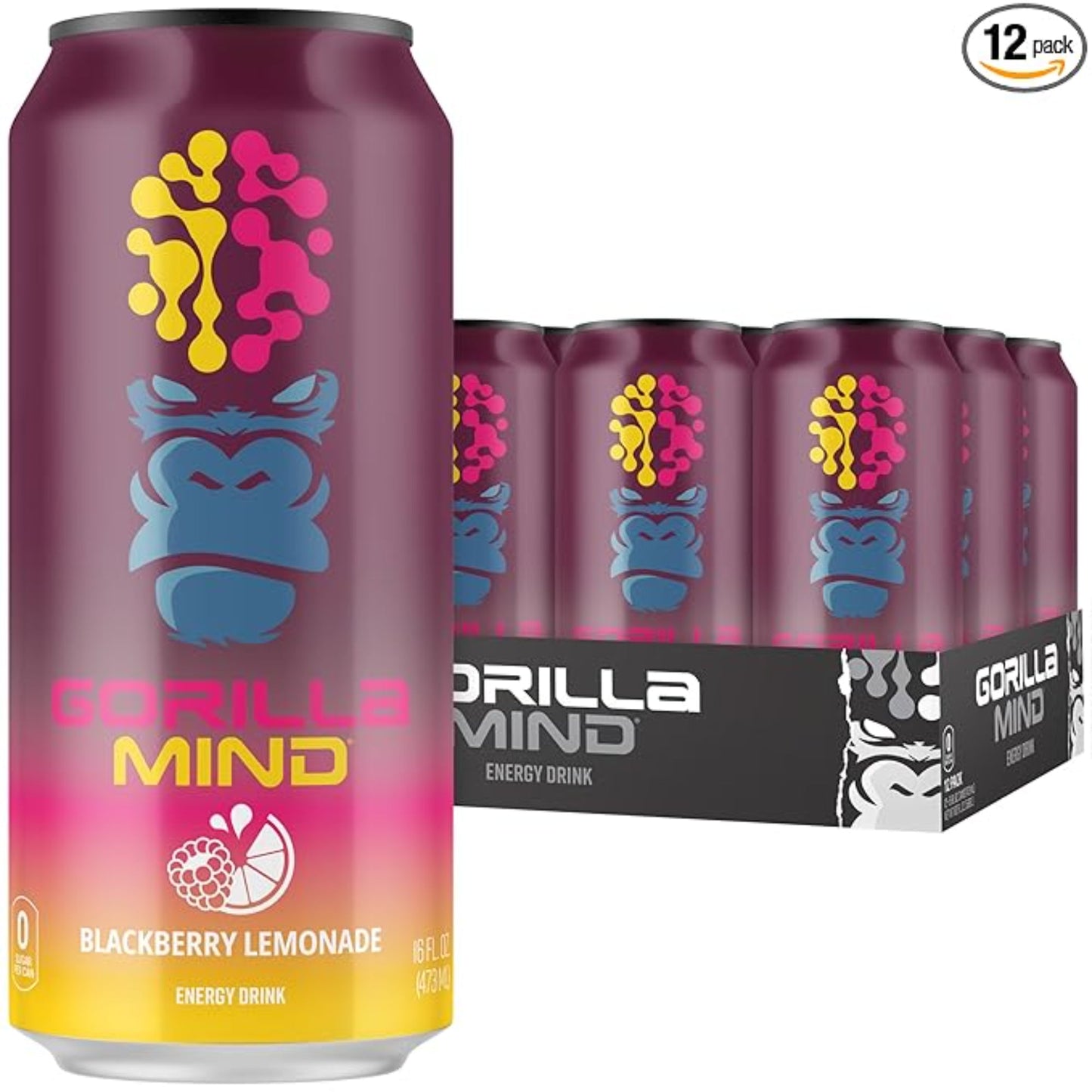 Gorilla Mind Energy Drink | Unmatched Energy · Amplified Focus | N-Acetyl-L-Tyrosine, Alpha-GPC, 200mg Caffeine, Uridine, Saffron | 0 Sugar Or Artificial Colors | 16oz, 12-Pack (Blackberry Lemonade)