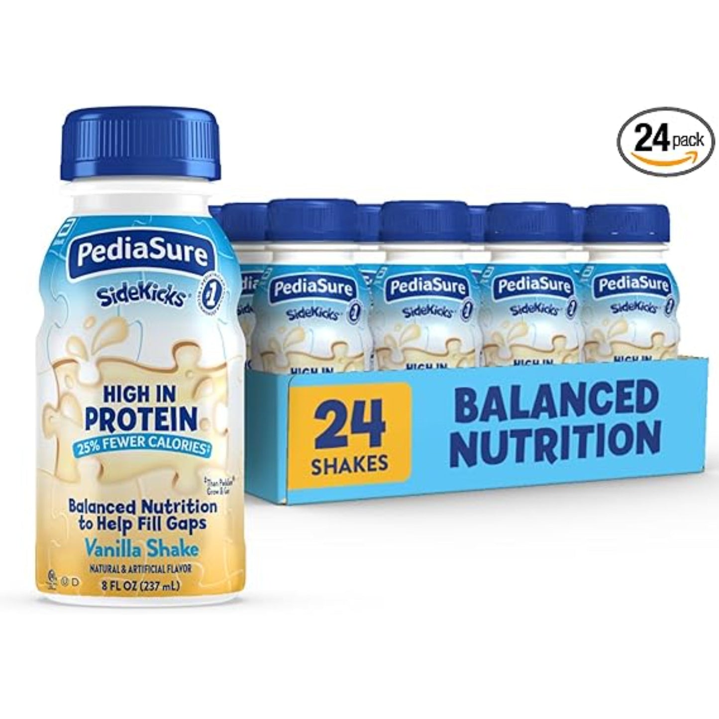 PediaSure SideKicks, Kids Protein Shake, With Key Nutrients and Protein to Help Kids Catch Up on Growth and Fill Nutrient Gaps, Vanilla, 8-fl-oz Bottle, Pack of 24