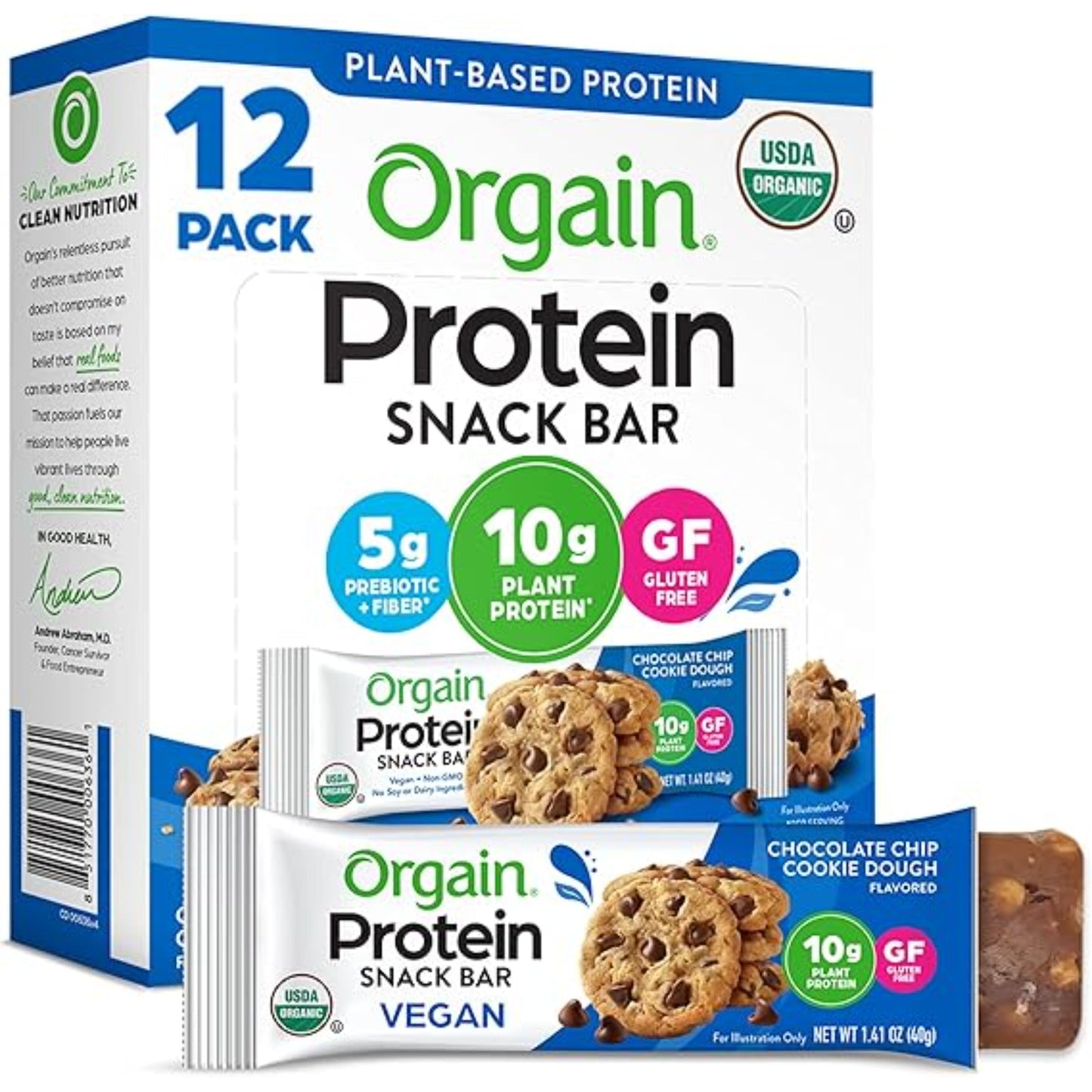Orgain Organic Vegan Protein Bars, Chocolate Chip Cookie Dough - 10g Plant Based Protein, Low Calorie Healthy Snacks, No Lactose or Soy Ingredients, Gluten Free, Non-GMO - 1.41 Oz (Pack of 12)