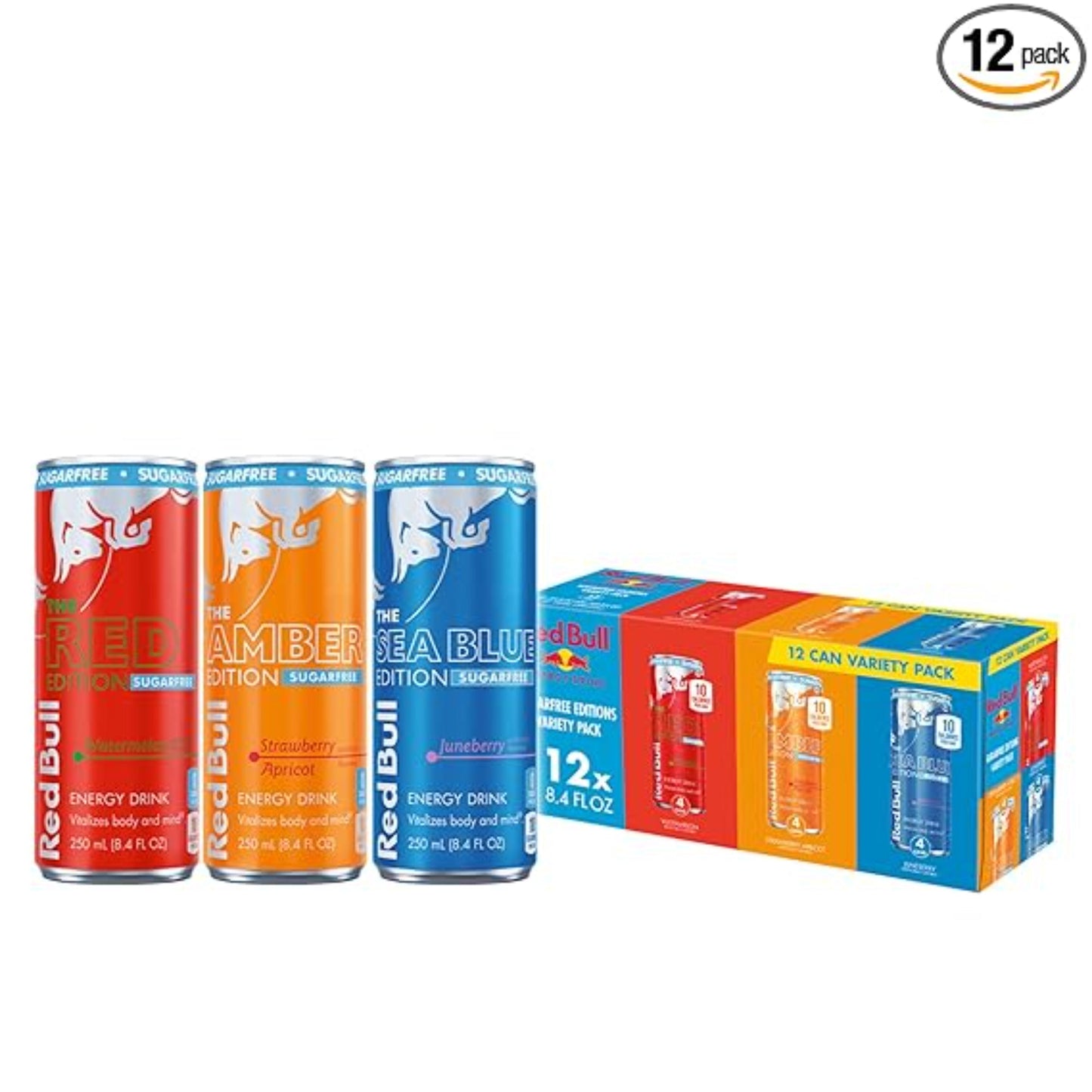 Red Bull Energy Drink Sugar Free Variety Pack, Red, Amber, and Sea Blue, with 80mg Caffeine, Taurine & B Vitamins, 8.4 fl. oz, Pack of 12 Cans