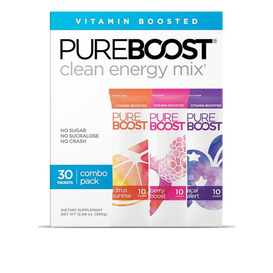 Pureboost Clean Energy Booster, Refreshing Energy Drink Mix with B12 Vitamins, Electrolytes, Antioxidants, Sugar-Free with No Sucralose (Combo Pack, 30 Count)