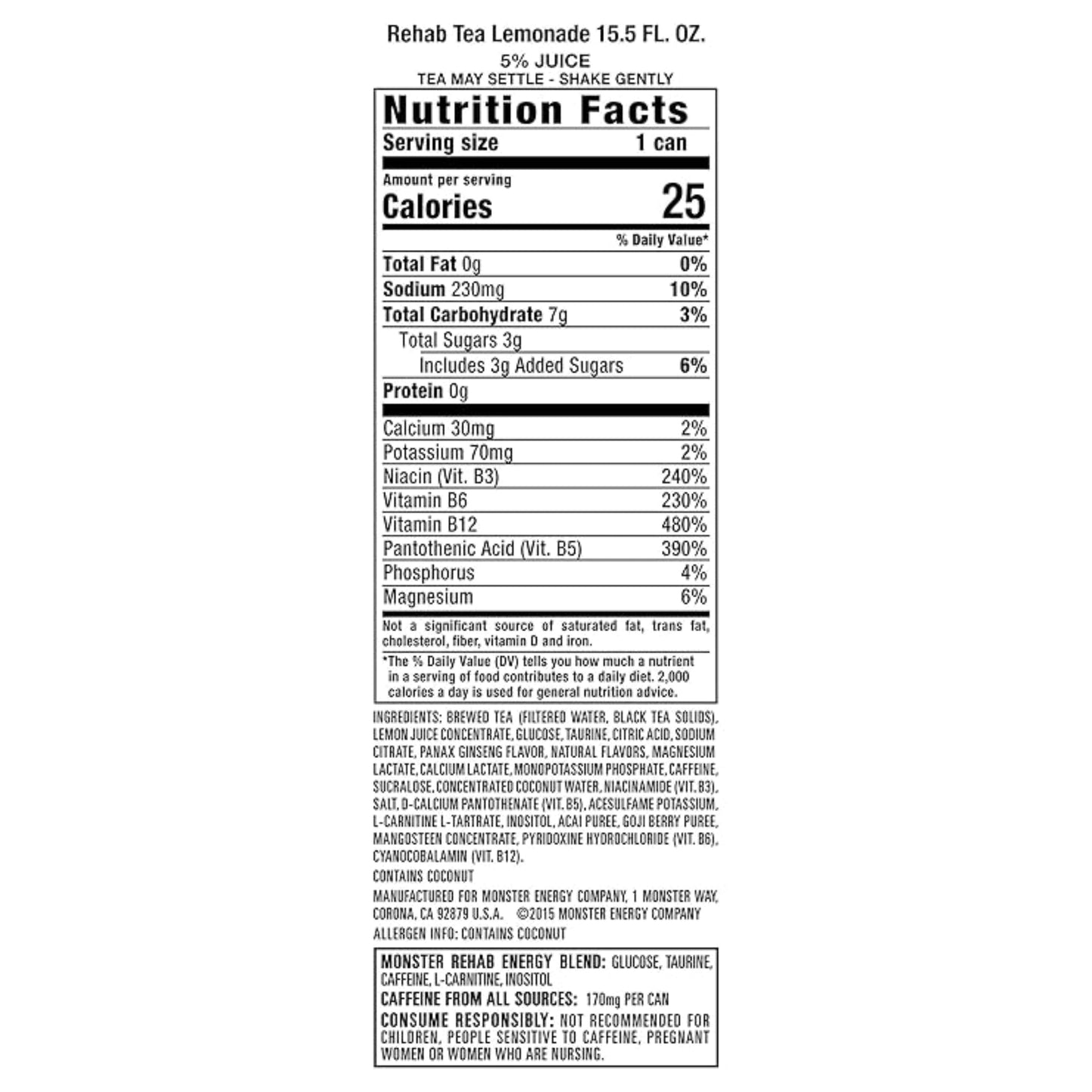Monster Energy Rehab Tea + Lemonade + Energy, Energy Iced Tea, Energy Drink 15.5 Ounce (Pack of 15)