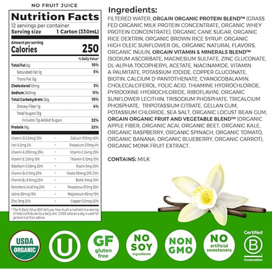 Orgain Organic Nutritional Protein Shake, Vanilla Bean - 16g Grass Fed Whey Protein, Meal Replacement, 20 Vitamins & Minerals, Fruits & Vegetables, Gluten Free, Non-GMO, 11 Fl Oz (12 Pack)