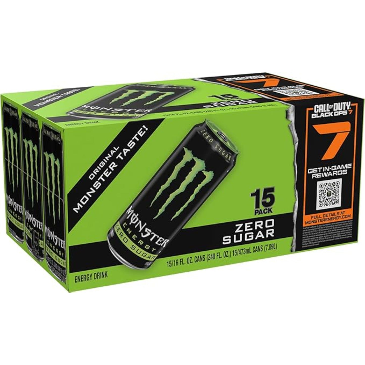 Monster Energy Zero Sugar, Green, Original, Low Calorie Energy Drink, 16 ounce (Pack of 15)