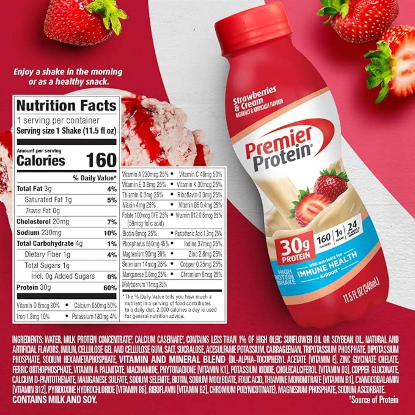 Premier Protein Shake, Strawberries & Cream, 30g Protein 1g Sugar 24 Vitamins Minerals Nutrients to Support Immune Health, 11.5 fl oz (Pack of 12)
