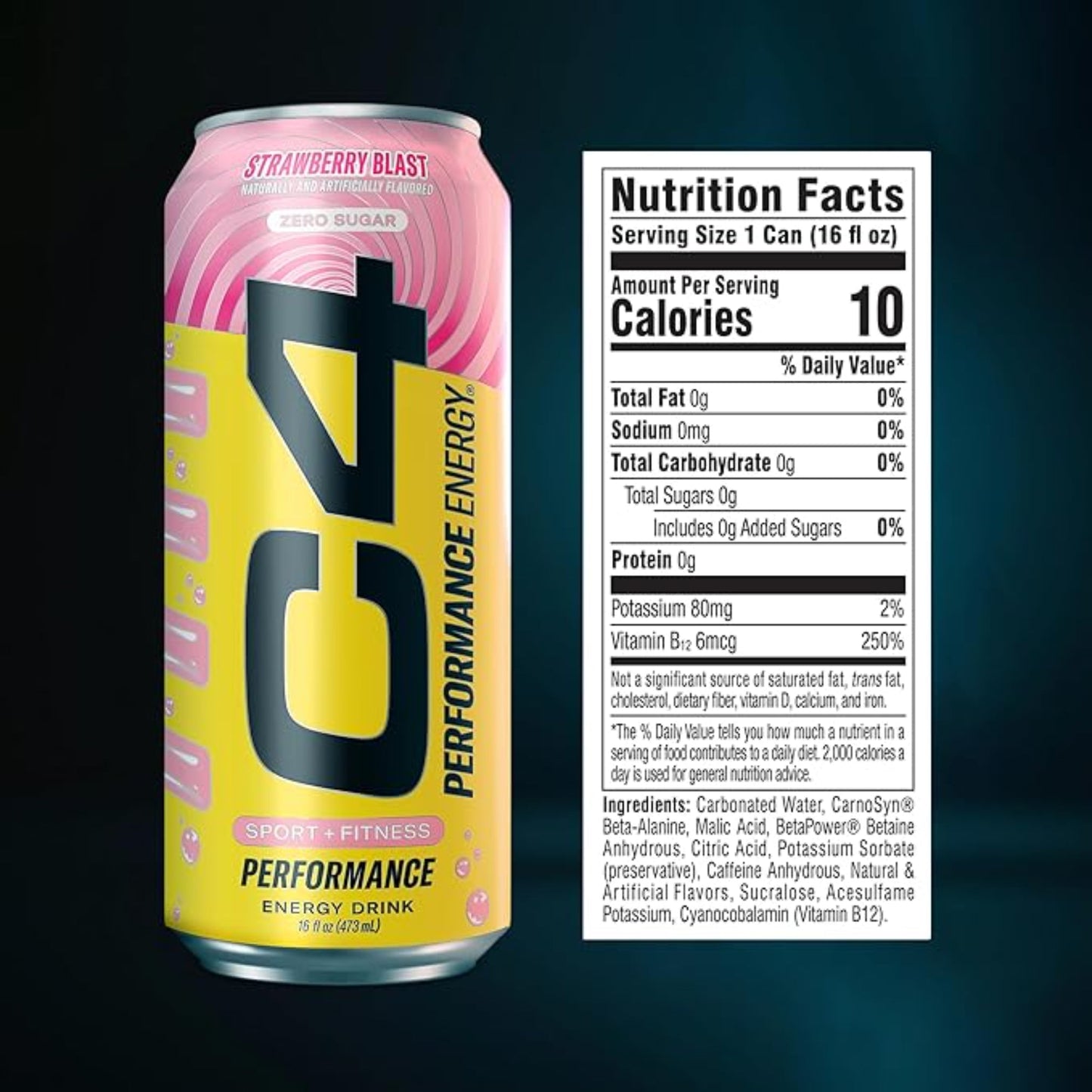 Cellucor C4 Performance Energy Drink | Strawberry Blast | Zero Sugar Carbonated Preworkout Energy | 200mg Caffeine with Beta Alanine | 16 Fl Oz (12 Pack)