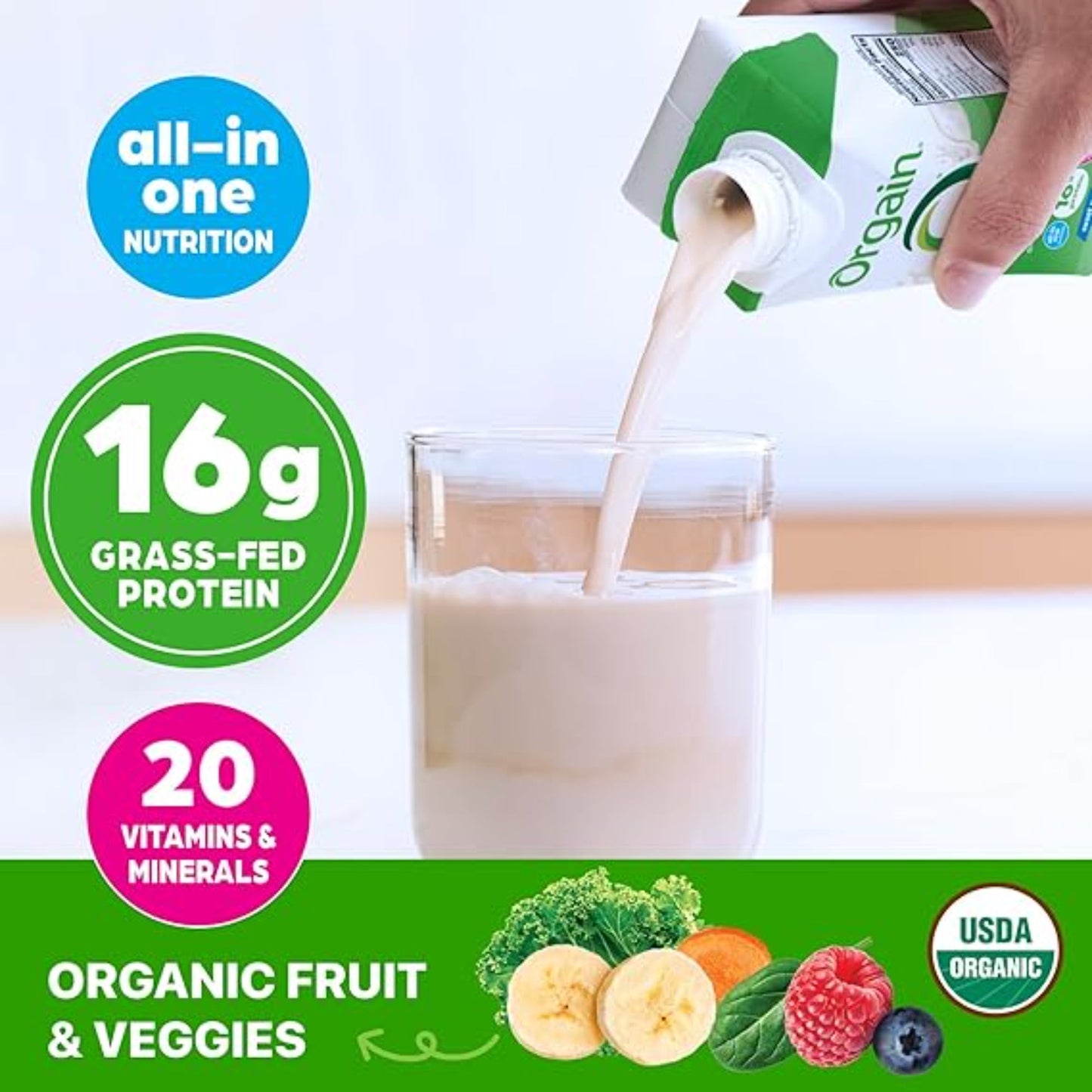 Orgain Organic Nutritional Protein Shake, Vanilla Bean - 16g Grass Fed Whey Protein, Meal Replacement, 20 Vitamins & Minerals, Fruits & Vegetables, Gluten Free, Non-GMO, 11 Fl Oz (12 Pack)