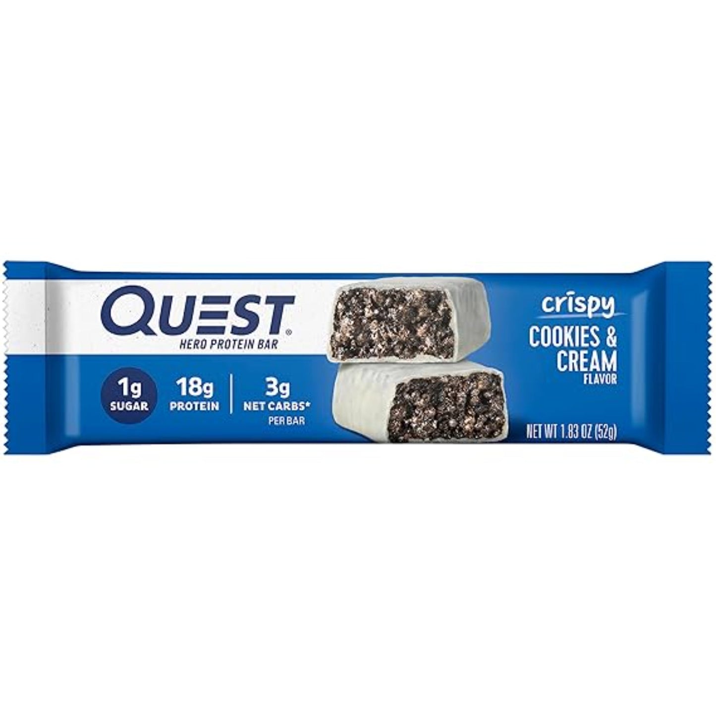 Quest Nutrition Crispy Cookies & Cream Hero Protein Bar, 18g Protein, 1g Sugar, 3g Net Carb, Gluten Free Protein Snack, Keto Friendly, 12 Count
