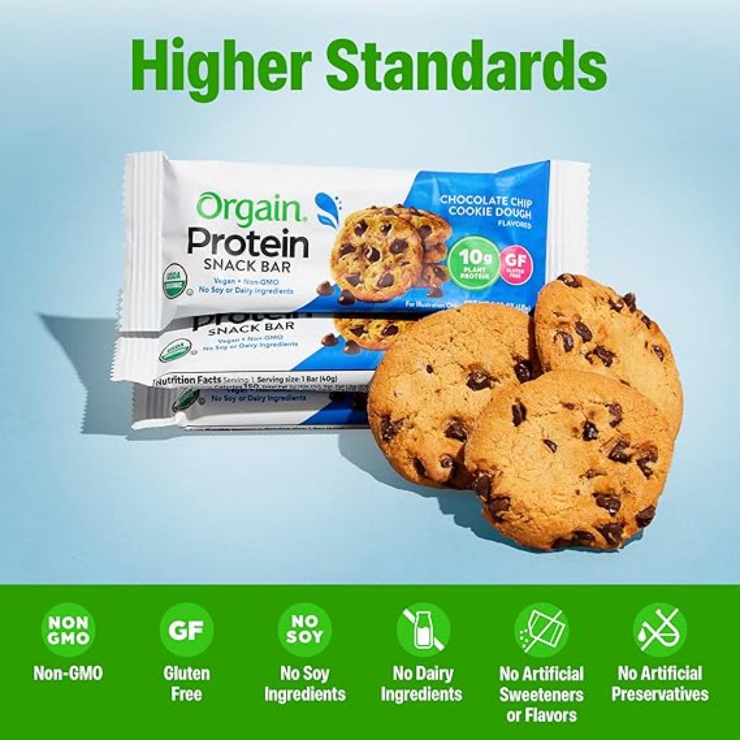 Orgain Organic Vegan Protein Bars, Chocolate Chip Cookie Dough - 10g Plant Based Protein, Low Calorie Healthy Snacks, No Lactose or Soy Ingredients, Gluten Free, Non-GMO - 1.41 Oz (Pack of 12)