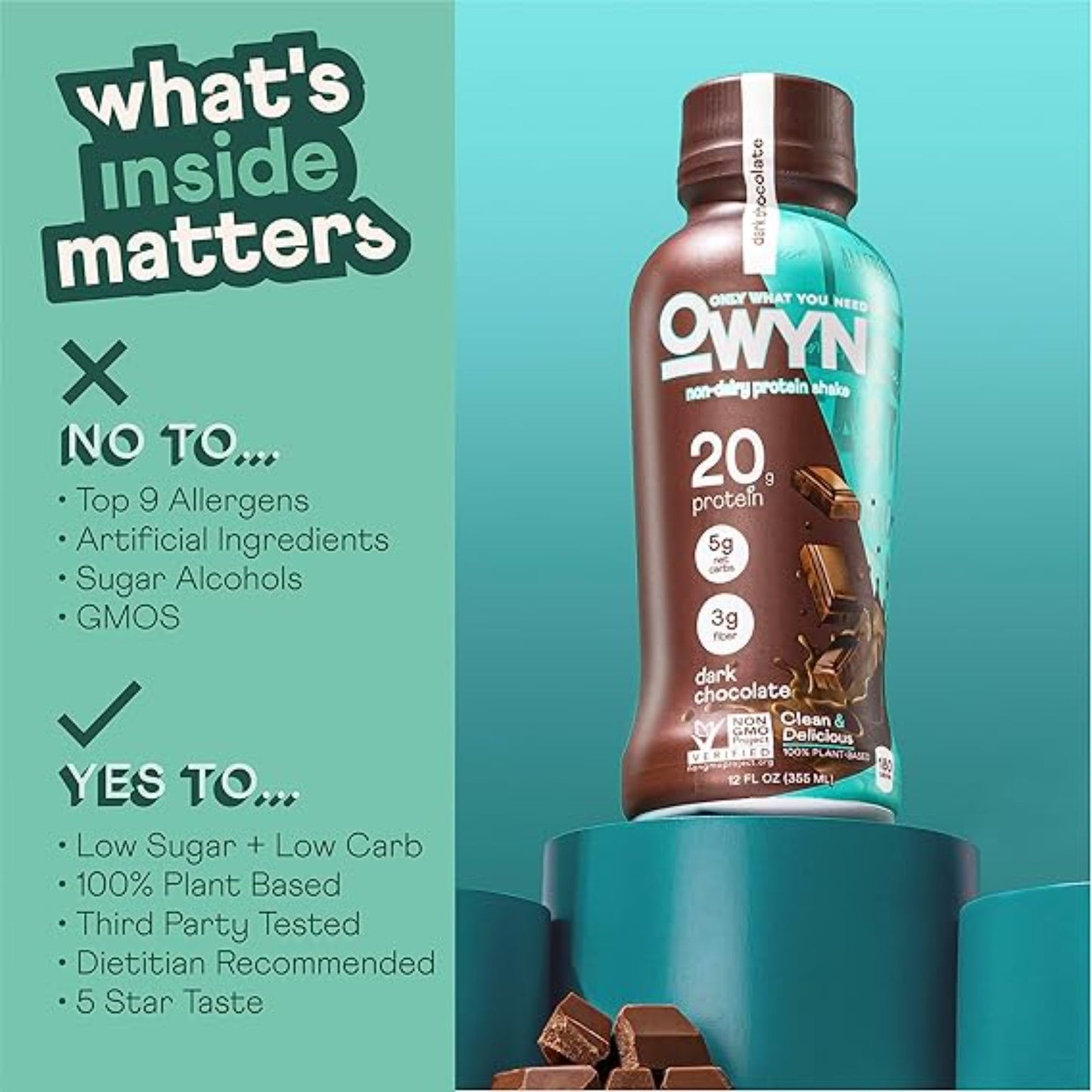 OWYN Only What You Need Plant Based Protein Shake, Dark Chocolate, 20g Vegan Protein from Organic Pumpkin seed, Flax, Pea Blend, Omega-3, Prebiotic supplements, Gluten and Soy-Free, (12 Pack)