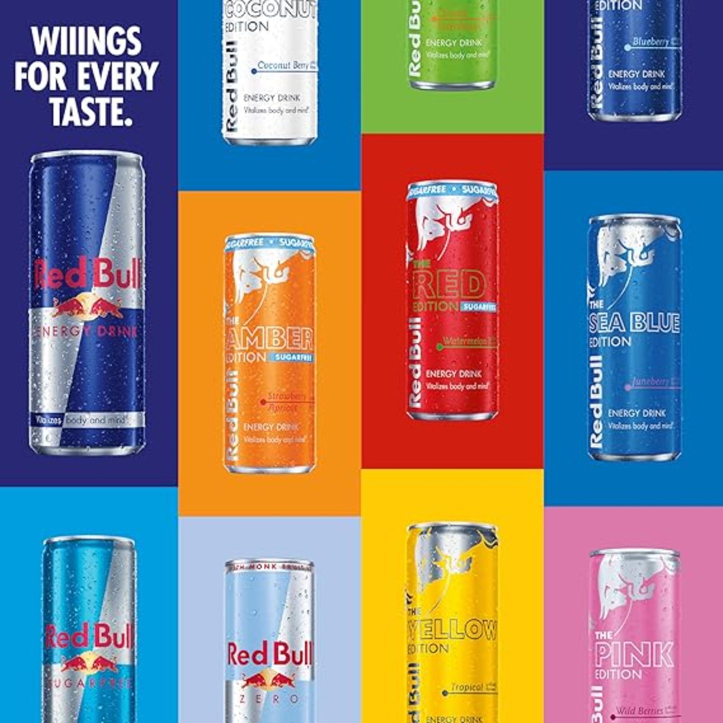 Red Bull Energy Drink Sugar Free Variety Pack, Red, Amber, and Sea Blue, with 80mg Caffeine, Taurine & B Vitamins, 8.4 fl. oz, Pack of 12 Cans