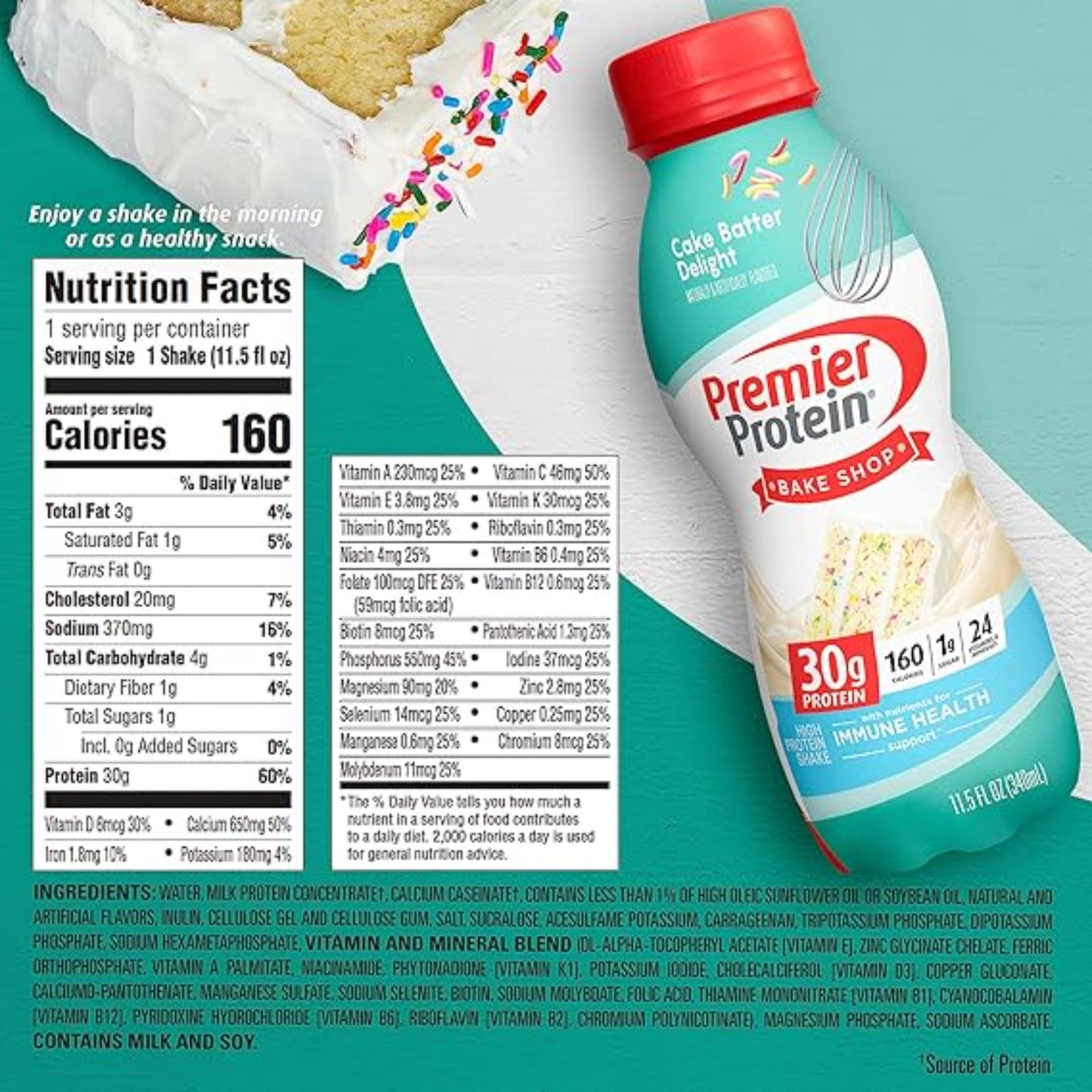 Premier Protein Shake, Cake Batter, 30g Protein, 1g Sugar, 24 Vitamins & Minerals, Nutrients to Support Immune Health, 11.5 Fl Oz, 12 Count